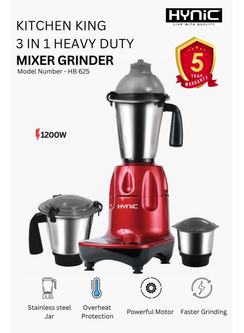 Hynic Kitchen King 3-in-1 Heavy Mixer Grinder | 1200W Powerful Copper Motor | 3 Stainless Steel Jars (1.5L Liquidiser, 1.0L Chutney, 0.5L Dry) | 3-Speed Control - Image 1